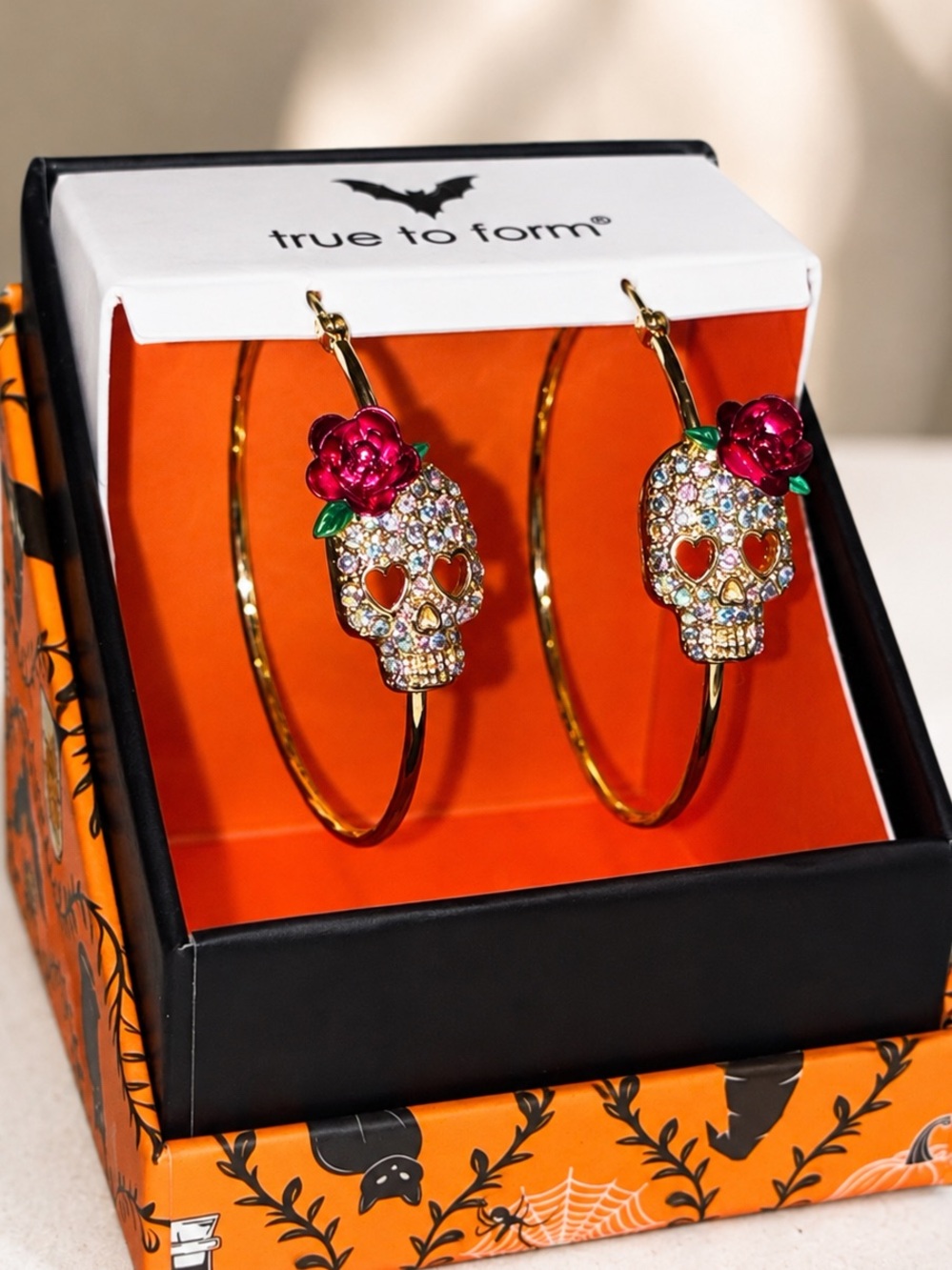 True to Form Crystal Skull Hoop Earrings Rhinestone Gold Tone Rose Hearts NIB